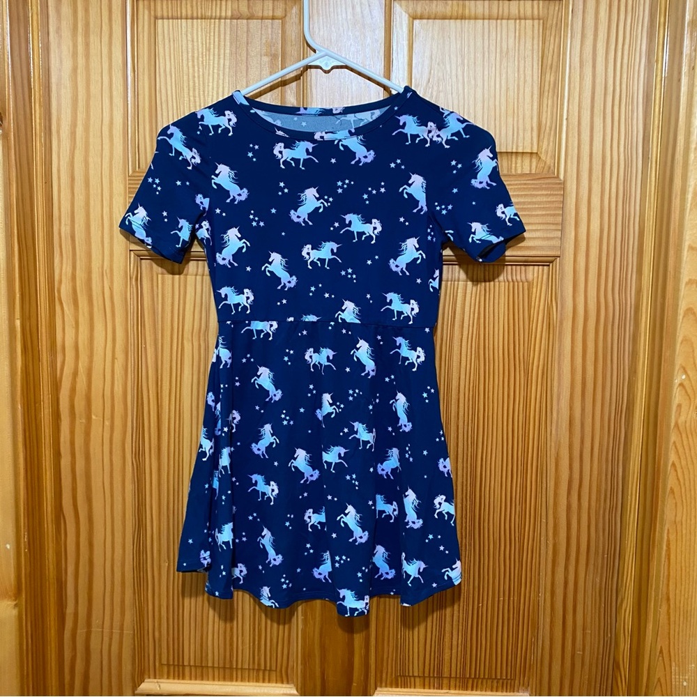 SQUEEZE Girls Blue Short Sleeve Knee Length Multicolor Unicorn Dress Size 6/6X